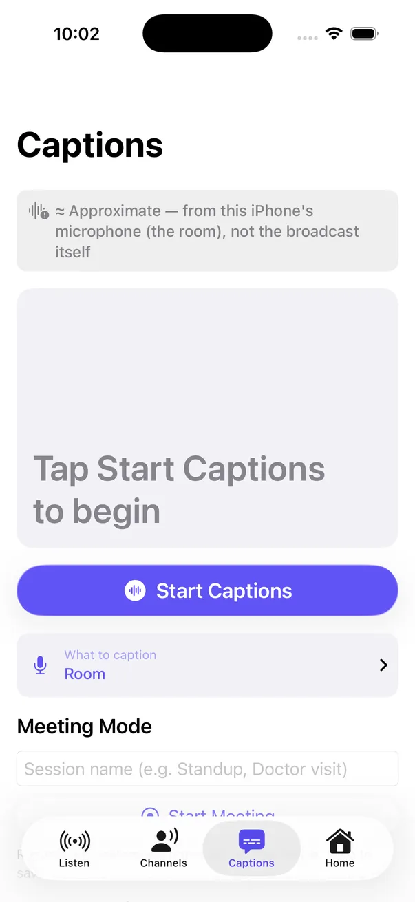 The Captions tab, labelled Approximate: from this iPhone's microphone, with a Start Captions button.