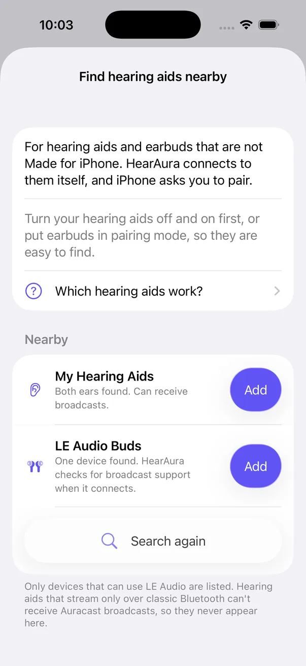 Find hearing aids nearby: My Hearing Aids, both ears found, and LE Audio Buds, each with an Add button.